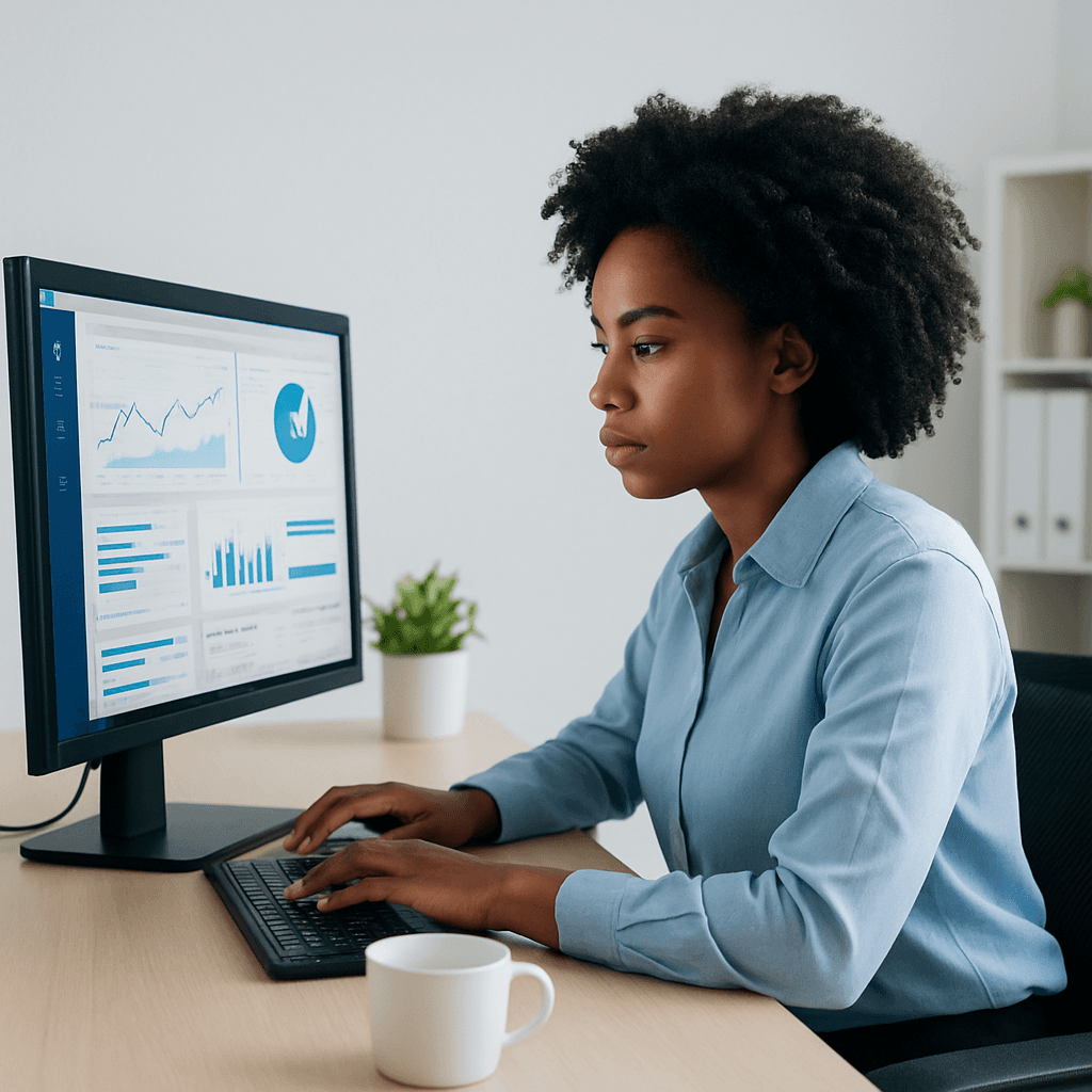 Mulher negra analisando dashboard no computador