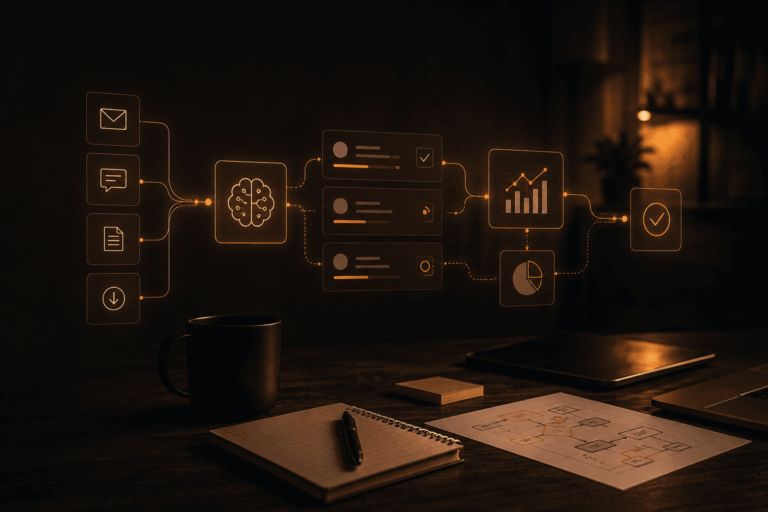 Fluxo operacional com IA contextual, dados e automação